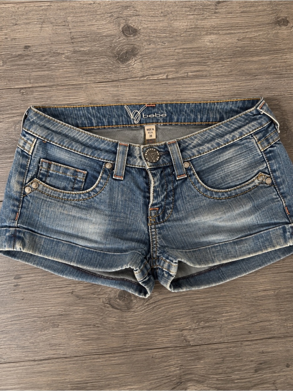 bebe Distressed Light Blue Denim Cuffed Short Shorts